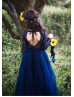 Long Sleeves Navy Blue Lace Tulle Rustic Flower Girl Dress